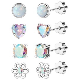 4Pairs Hypoallergenic Screw Back Earrings for Women 14k Gold Surgical Steel Flat Back Earrings Opal CZ Flower Heart Cartilage Earring for Sensitive Skin 20G Handmade Nap Earrings Studs Silver AB CZ