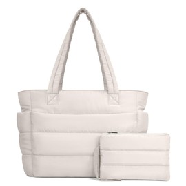 TOPDesign Puffer Tote Bag for Women, Lightweight Puffy Handbag with Compartments & Cosmetic Bag, Quilted Shoulder Bags for Work, Travel, Gym, Gifting (L Light White)