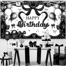 Avezano Coquette Happy Birthday Banner Black and White Bow Coquette Birthday Decorations Black Bow B-day Backdrop Happy Bday Banner for Girls Women (6x3.6ft)