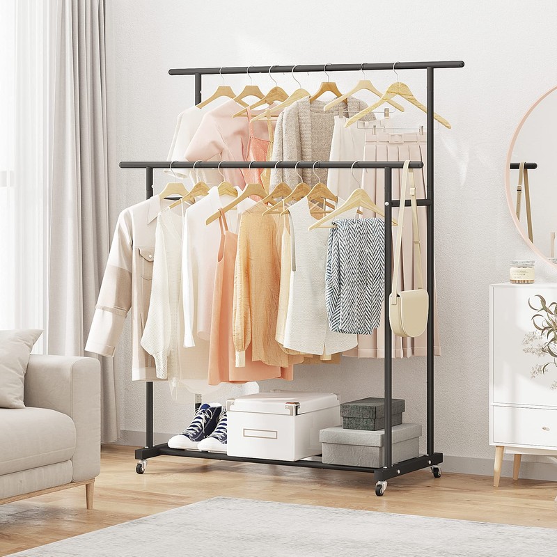Calmootey Double Rod Clothing Garment Rack,Rolling Hanging Clothes Rack,Portable Clothes