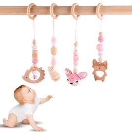 Tutamaz Baby Gym Anhänger 4 Stück, Anhänger Spielbogen Baby, Spielbogen Anhänger Holz, Spielbogen Baby Spielzeug ab 0 Monate Spielebogen Babies Toys Spielbögen Babyspielzeug für Mädchen Jungen Baby