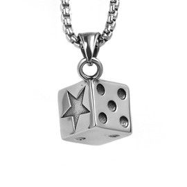 PAURO Stainless Steel Vintage Dice with Star Engraved Mens Pendant with Chain Punk Biker Necklace for Lucky Wedding Silver