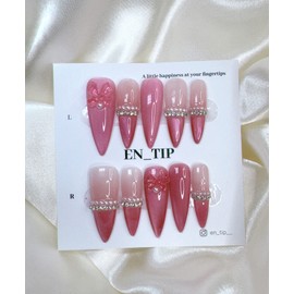Cherry Pink Glow Handmade Nail Tips - Square / 체리 핑크 글로우 수제네일팁 - 스퀘어