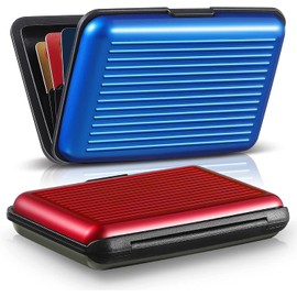 2 Pieces Credit Card Holder Slim Mini RFID Blocking Credit Card Protector Aluminum Business Card Case Metal ID Organizer Wallet with 7 Slots for Women Men (Red, Blue)