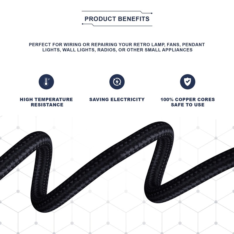 LEDSone 5 Meter Roll Black Cable 2 Core Braided Round,