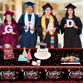 KatchOn, Red and Black Graduation Tablecloths - XtraLarge 108x54 Inch, Pack of 3 | Graduation Decorations 2025 Congrats Grad Tablecloth, | Red and Black Graduations Decorations Class of 2025