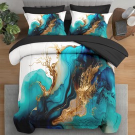 Pamnest Comforter Set Queen Size, Mint Green Marble Gold 7 Pcs Bedding for Kids and Adults, Teal Turquoise Blue Bed Sheet Sets with Fitted Sheet 2 Pillowcase & 2 Sham for Bedroom Bed Decor