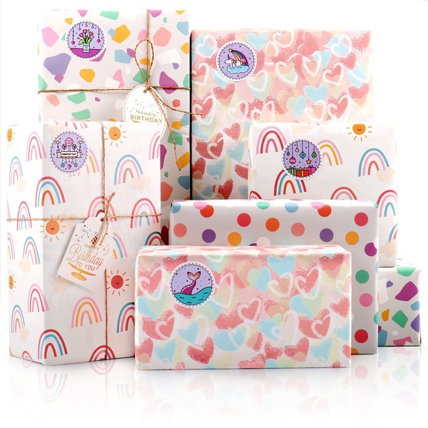 MAMUNU 8 Sheets Gift Wrapping Paper Set, Rainbow Birthday Wrapping Paper for Girls, Wrapping Paper Sheets with Gift Tags and Stickers for Woman Kids Birthday, Baby Shower, Wedding, Valentine's Day, Easter, 20 x 28 Inch