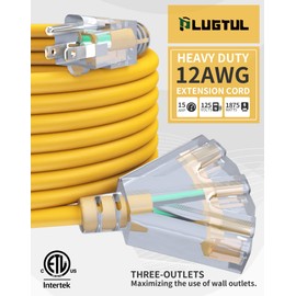 50Ft 12/3 Outdoor Extension Cord with 3-Outlets, Heavy Duty 12 Gauge 3 Prong Extension Cord Waterproof with Lighted end, 15A 12AWG 1875W SJTW, ETL Listed - Great for Garage, Garden and Home, Yellow