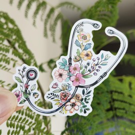 3 x Floral Stethoscope Sticker Nurse Gift, Healthcare Hero, Essential Worker Laptop, Doctor, Dentist, Water Bottle, Journal Sticker, Stethoscope Decor, Tumbler Sticker (Floral Stethoscope - A)