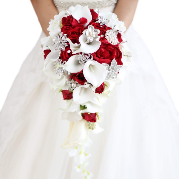 IFFO Bridal Bouquets for Wedding, Calla Lilies Simulation Rose Diamonds Pearl Bride Wedding Bouquet, Romantic Wedding Party Decoration Confession (red)