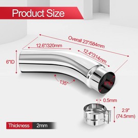 Exhaust Tip Elbow, 5 Inch Diesel Exhaust Pipe Tip 5 to 6 Inch with Clamp, 5" Inlet 6" Outlet 23" Long Chrome Turndown Tip for Trucks, Pickups, Cars