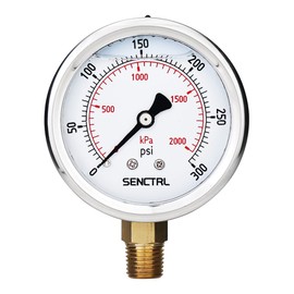 SENCTRL 0-300 Psi Glycerin Liquid Filled Pressure Gauge, 2.5" Dial Size, 1/4" NPT Lower Mount, Stainless Steel Case, for Air Gas Water Oil Hydraulic Pressure Test