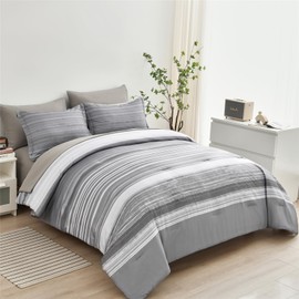 KAKIJUMN 7 Piece Bed in a Bag Stripe Comforter Set Queen Size, White Grey Patchwork Striped Comforter and Sheet Set, All Season Soft Microfiber Complete Bedding Set(Light Grey,Queen)