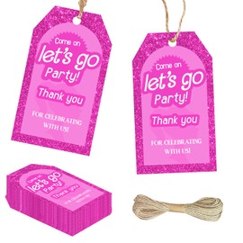50Pcs Pink Doll Thank You Tags Glitter Come on Let's Go Party Gift Tags Hot Pink Thank You for Celebrating with Us Party Favor Tags for Girls Women Bridal Shower Bachelorette Party Birthday Party