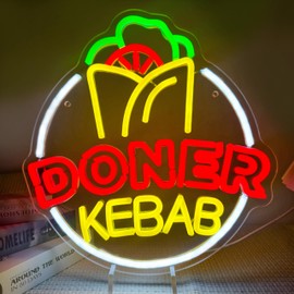 Artlast Doner Kebab Neon Sign for Wall Decor Colorful Food Neon Light for Restaurant Wall Decoration Fast Food Sign Kebab Wall Hanging Sign for Middle Eastern Food Shop