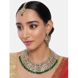 Aheli Kundan Pearl Layered Long Necklace Set with Earring Maang Tikka Indian Traditional Jewelry Gift for Women Green