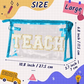 CY2SIDE TEACH Clear Makeup Bag - White TEACH Letter Patch Cosmetic Bag with Handle for Travel PVC Zipper Clear Travel Bag for Toiletries Waterproof Portable Travel Organizer Teacher Appreciation Gifts