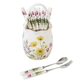 Wildflower Pleated Water Basin (Large) + Ceramic Teaspoon/Fork 9 Pieces / 야생화 주름수반(대)+도자기 티스푼포크 9P