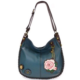 Chala Handbags, Casual Style, Soft, Large Shoulder or Crossbody Purse with Keyfob - Navy Blue (Pink Rose)