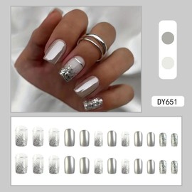 24Pcs Glossy Silver Press on Nails Square Medium Full Cover Artificial Fake Nails with Silver Glitter Designs Acrylic Coffin False Nails with Glue Stick on Nails for Women Girls