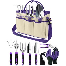 Zenmos 9 Pieces Garden Tools Set, Gardening Hand Tool with 2-in-1 Storage Bag, Garden Hand Tools with Non-Slip Handles, Heavy Duty Gardening Tools for Women & Men - Purple