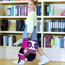 UFNDC 3PCS Bookbag for Girls, 15" Kids Sequin Bookbag with Lunch Box, Panda School Bag Set for Elementary Preschool Toddler