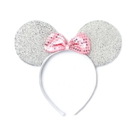 Sparkly Mouse Ears Headband with Bow for Girls, Black or Silver with Bow Detail (Silver and Pink, One Size)