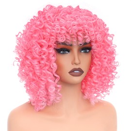 PORSMEER 14 Inch Curly Wigs for Black Women, Afro Kinky Curly Wavy Shoulder Length Wig with Fringe, Synthetic Fibre Glue, Long Deep Wavy Hair (Pink)