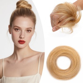 SEGO Human Hair Messy Bun Hairpieces Real Scrunchies Smoothed Updo Donut Chignon Wavy Ponytail Extensions for Women Girls,#18/613 Ash Blonde & Bleach Blonde