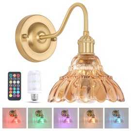 Shenmoyl Battery Operated Wall Sconce, Vintage Rechargeable Wall Lights with Amber Lily Glass Shade, Wireless Indoor Wall Lamp with Remote for Bedroom Living Room Bathroom Hallway