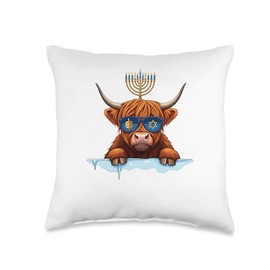 Highland Cow Menorah Dreidel Jewish Hanukkah Womens Mens Kid Throw Pillow