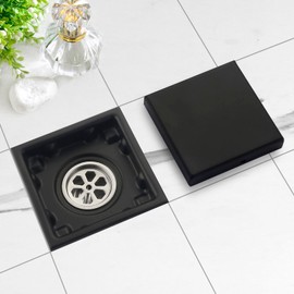 HAMOLER 4 Pulgadas Desagüe de Piso de Ducha Invisible Cuadrado Moderno Rejilla de Drenaje de Suelo Antiobstrucción Enchufable para Ducha, Negro