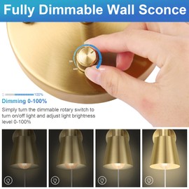 VATONI Plug in Wall Sconces, Dimmable Wall Sconces Adjustable Angle Wall Lights with Plug in Cord and Dimmer On/Off Knob Switch, Gold Wall Mounted Light for Bedroom Bedside Stairway(2 Pack, 2 Bulbs)