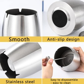 Large Stainless Steel Ashtray Smokeless, Odorless Thickened Windproof Ashtray with Lid, Portable Ashtray for Home Office Tabletop Outside Patio Outdoor Balcony - Silver