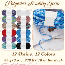 Amylove 12 Skeins Scrubby Yarn 230 Ft/ 76.7 Yard, 3 oz Assorted Colors Scrubby Stripes Polyester Scrub Yarn for Knitting Weaving Crochet Craft Project