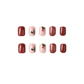 Christmas Press on Nails with Red Glitters Designs, Short Square Fake Nails Christmas Holly Acrylic False Nails Full Cover Extra Short Glue on Nails Winter Artificial Nails for Women Girls Manicure