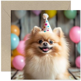 Fun Birthday Cards for Him or Her - Funny Pomeranian Dog Party Hat Photo Greeting Card for Friends and Family - Gifts for Them - Art Photography Birthday Card - Friend Colleague