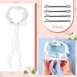 Cindeer Hair Band Communion Hair Accessories for Girls Hair Wreath with White Flowers Adjustable Flower Wreath Headpiece with Pearl Ribbon and Black Hair Pins for Flower Child Wedding
