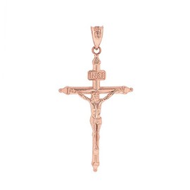 Solid 10k Rose Gold Passion Cross INRI Crucifix Pendant (1.2")