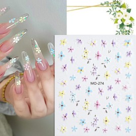 5D Embossed Flowers Nail Stickers 2 Sheets Engraved Cute Self Adhesive Floral Nail Art Stickers Spring Summer Flowers for Nails DIY Manicure Decoration
