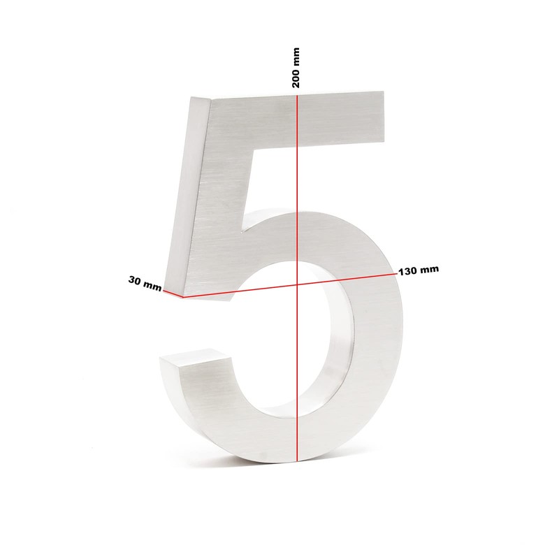 3-D House Number "5" Made of Stainless Steel 20 cm