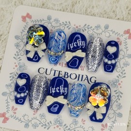 Blue Lucky Handmade Nail Tips - Square L / 블루 럭키 수제네일팁 - 스퀘어L