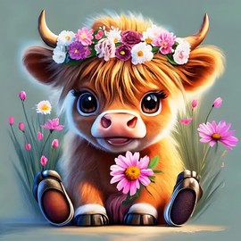 EOBROMD Cute Cow Cub Diamond Painting, 5D Flowers Diamond Painting Kits for Adults, Full Round Drill Diamond Art Kits, Flowers Diamond Painting Art for Home Wall Decor Gifts 30x30cm