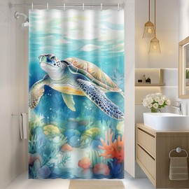 Aimego Stall Small Shower Curtain - Sea Turtle Nautical Summer Teal Blue Ocean Beach Tropical Fish Coral Narrow Half Fabric Cloth Bath Shower Curtain Set with 12 Hooks for Bathroom Decor, 36"x72"