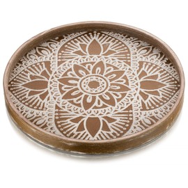 Hanobe Round Wood Decorative Coffee Table Tray: Rustic Boho Washed Centerpiece Serving Tray Farmhouse Decor White for Kitchen Counter, Ottoman, Home