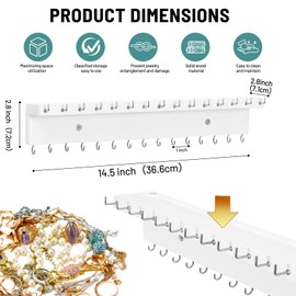 NIUBEST Necklace Holder Organizer Wall Mount， Jewelry Holder Organizer with 30 Hooks，Oak Jewelry Organizer and Storage for Necklaces, Bracelets and Rings (White)