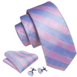 Barry.Wang Plaid Ties Check Mens Necktie Set with Handkerchief Cufflinks Classic Stripe