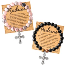 CJiangpo Cross Bracelet for Godparents - Madrina Padrino Natural Stone Bracelets Proposal Gifts from Godchild Christian Religious Cross Beaded Jewelry Godmother Godfather Catholic for Baptism Gifts