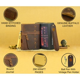 Leather Journal Notebook for Men & Women Daily Vintage Leather Bound Journal Travel Notebook 290 Lined Paper Diary Writing Journal Travelers Scrapbook Poetry Sketchbook Leather Gifts with Pen Holder